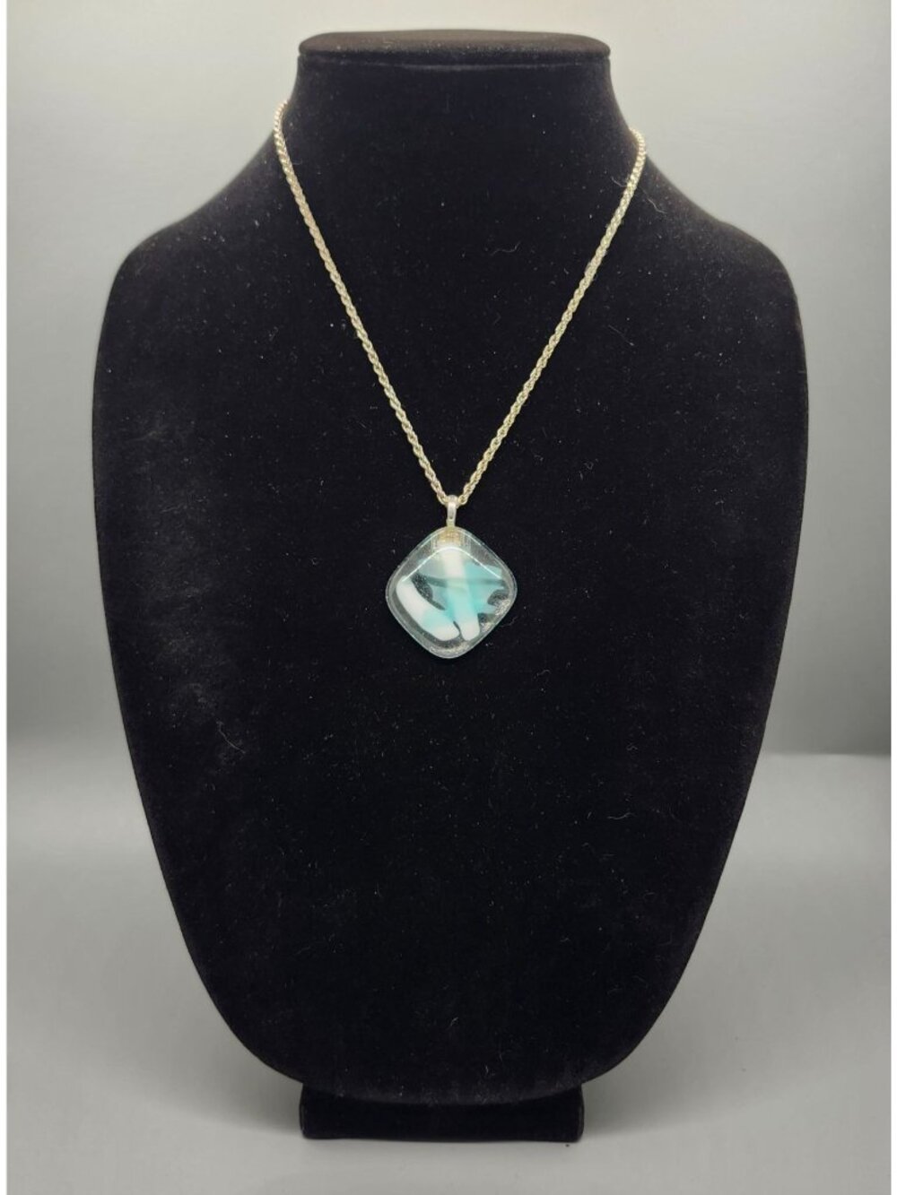 Handcrafted Glass Pendant Necklace With Silver Tone Rope Chain Aqua & White Abst